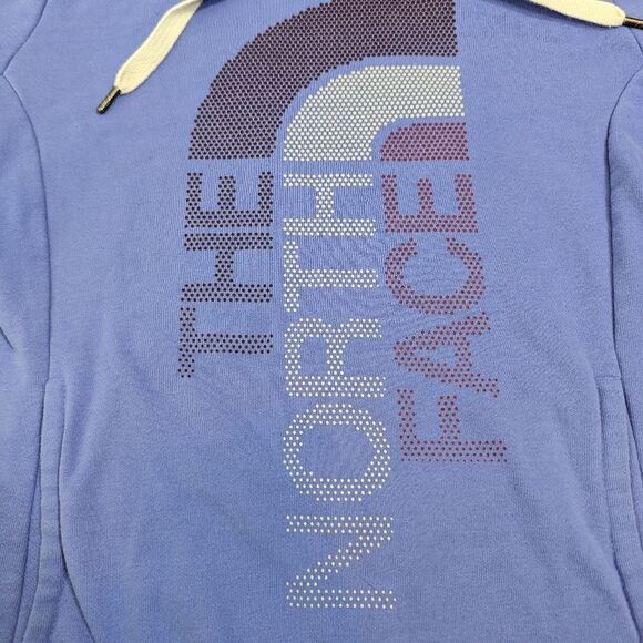 The North Face Woman's Size Small Blue Fleece Pullover Hoodie Sideways Logo - Picture 2 of 6